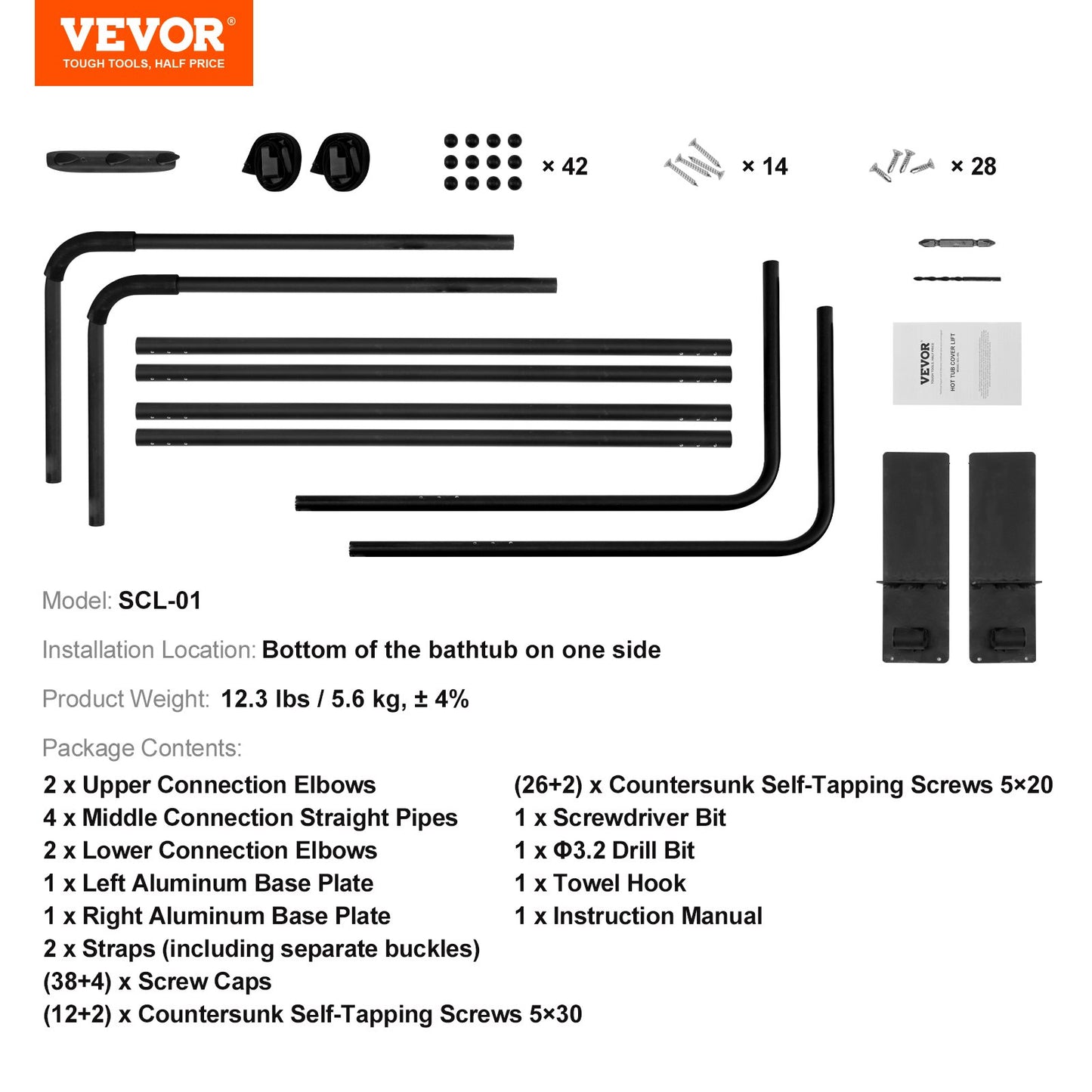 Hot Tub Cover Lift, Spa Cover Lift, Height 31.5" - 41.3" Width 53" - 92.5" Adjustable, Installed at the Bottom on One Side, Suitable for Various Sizes of Rectangular Bathtubs, Hot Tubs, Spa