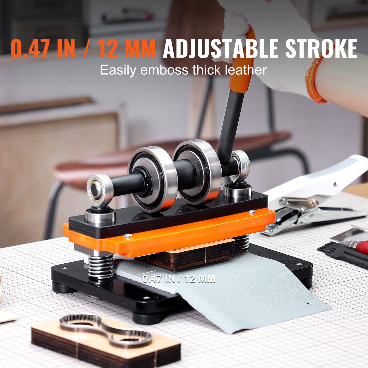 Lederschneidemaschine, manuelle Stanzmaschine für Prägeplatten (18 x 10 cm), Lederprägemaschine mit 1,2 cm Hub, Stanzmaschine mit zwei Führungswellen für verschiedene Materialien