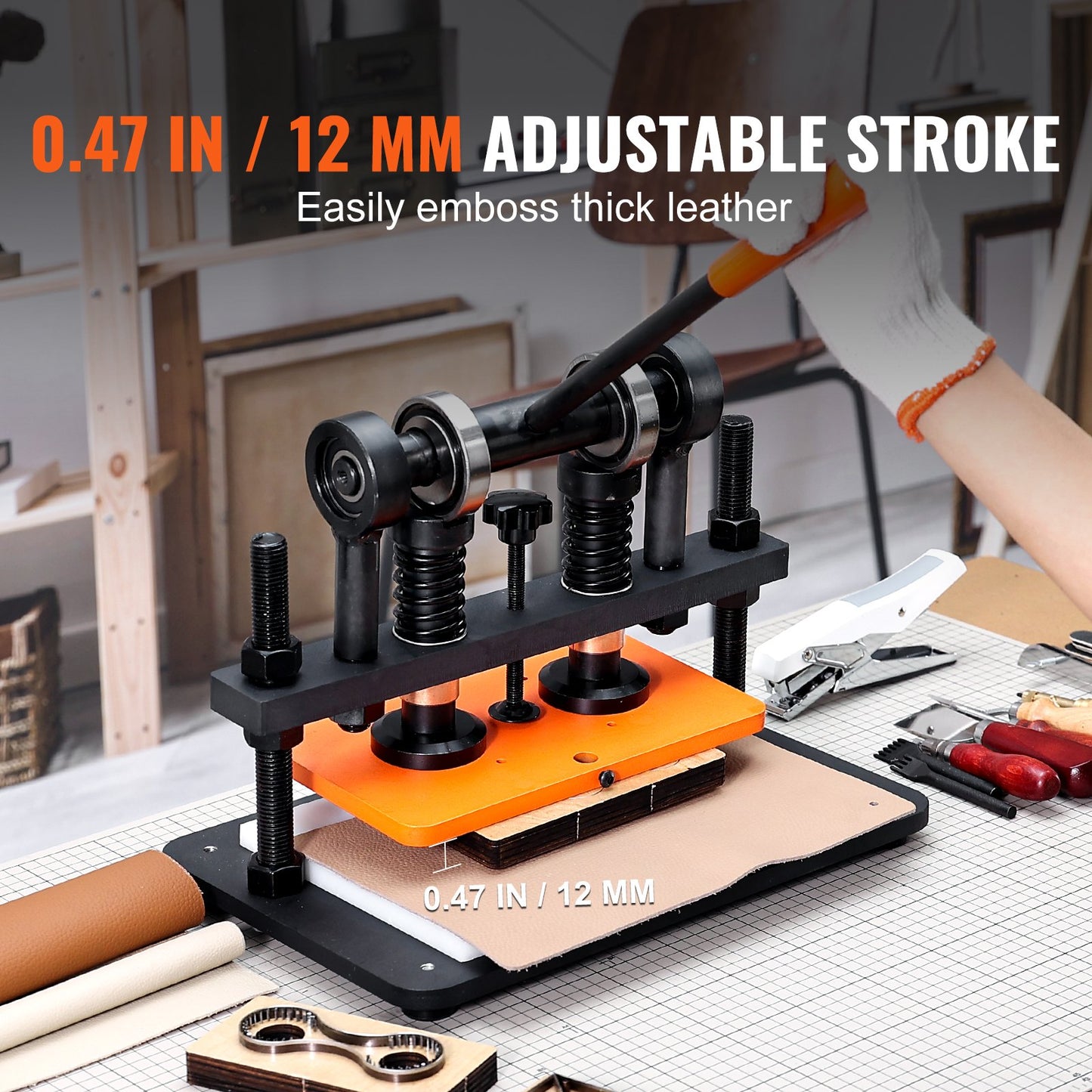 Lederschneidemaschine, 25,9 x 15 cm Prägeplatte, manuelle Stanzmaschine, 1,2 cm Hub, Lederprägemaschine, Stanzmaschine mit zwei Führungswellen für verschiedene Materialien