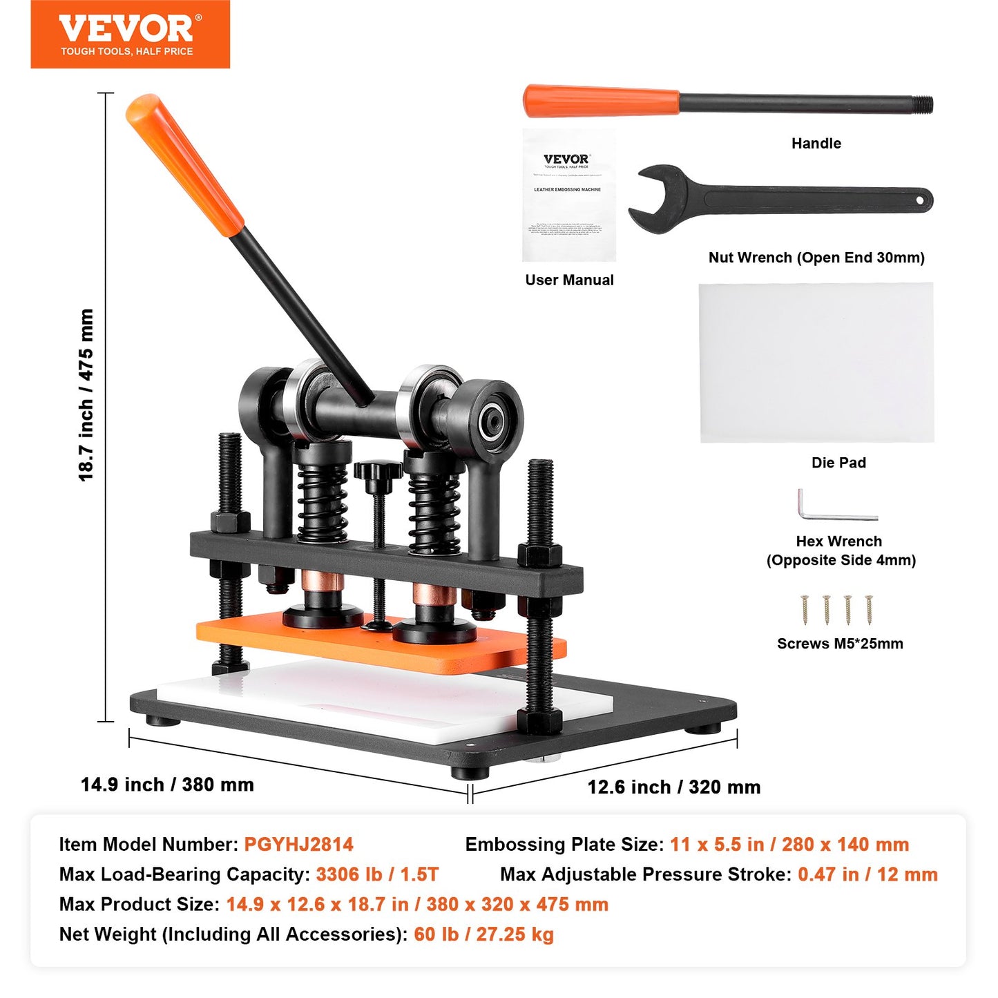 Lederschneidemaschine, 11 x 5,5 Zoll Prägeplatten-Handstanze, 0,47 Zoll Druckhub-Lederprägemaschine, Stanzmaschine mit zwei Führungswellen für verschiedene Materialien