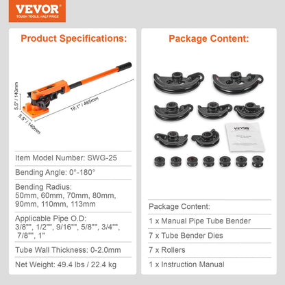 Rohrbiegegerät, manuell, 9,5 mm bis 25,4 mm Außendurchmesser, mit 7 Biegebacken, 180°-Biegewerkzeug für Kupfer- und Aluminiumrohre, geeignet für Klimaanlagen, Kühlschränke und Autoreparaturen