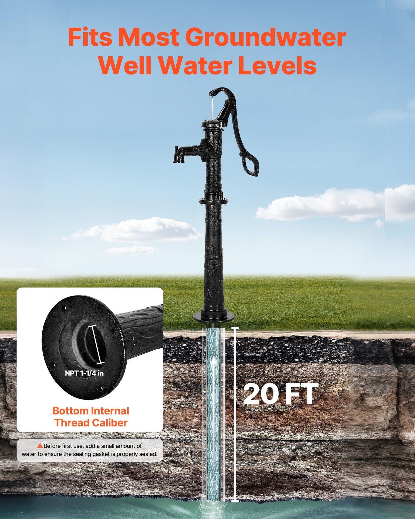 Handpumpe für Brunnen, max. Förderhöhe 6 m, antike gusseiserne Handpumpe mit höhenverstellbarem Sockel, NPT 1-1/4"-Anschluss, einfache Installation, für Garten, Teich, Hof, Bauernhof, Schwarz