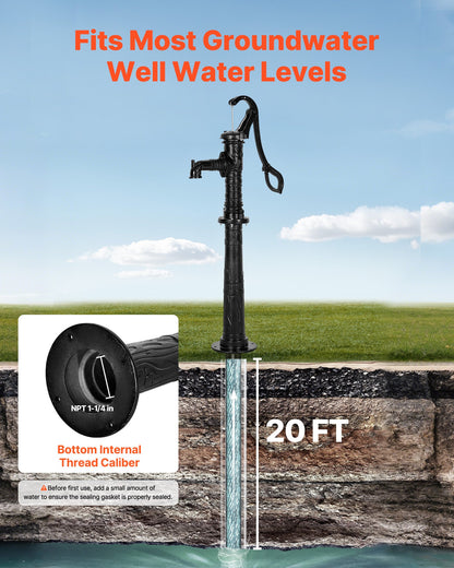 Handpumpe für Brunnen, max. Förderhöhe 6 m, antike gusseiserne Handpumpe mit höhenverstellbarem Sockel, NPT 1-1/4"-Anschluss, einfache Installation, für Garten, Teich, Hof, Bauernhof, Schwarz