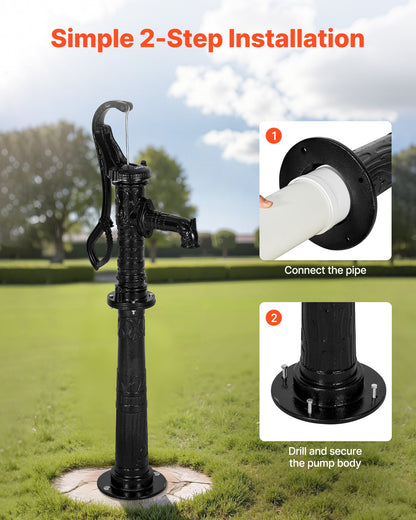 Handpumpe für Brunnen, max. Förderhöhe 6 m, antike gusseiserne Handpumpe mit höhenverstellbarem Sockel, NPT 1-1/4"-Anschluss, einfache Installation, für Garten, Teich, Hof, Bauernhof, Schwarz
