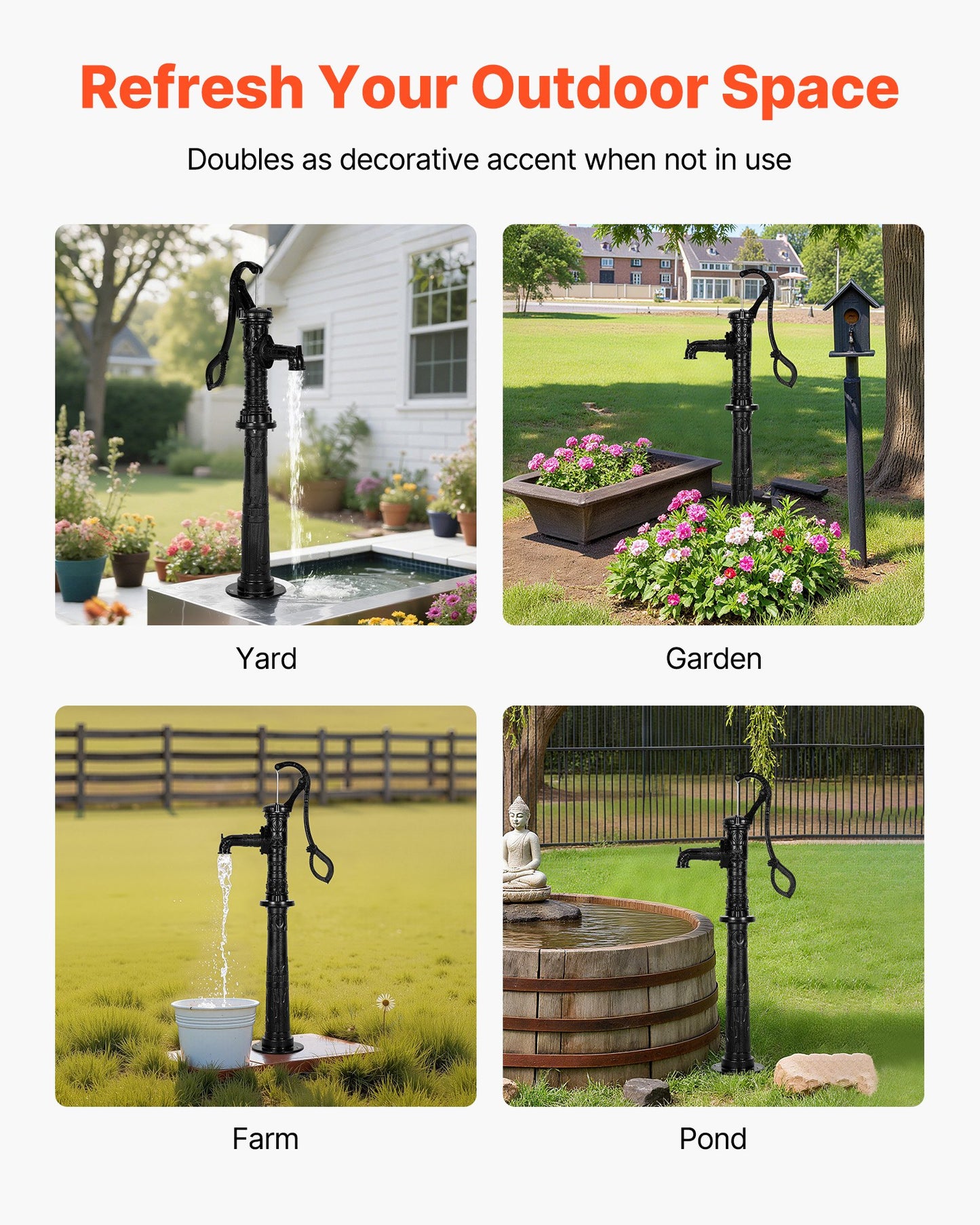 Handpumpe für Brunnen, max. Förderhöhe 6 m, antike gusseiserne Handpumpe mit höhenverstellbarem Sockel, NPT 1-1/4"-Anschluss, einfache Installation, für Garten, Teich, Hof, Bauernhof, Schwarz