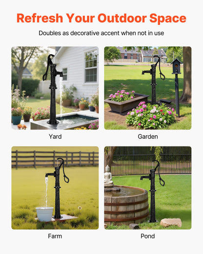 Handpumpe für Brunnen, max. Förderhöhe 6 m, antike gusseiserne Handpumpe mit höhenverstellbarem Sockel, NPT 1-1/4"-Anschluss, einfache Installation, für Garten, Teich, Hof, Bauernhof, Schwarz