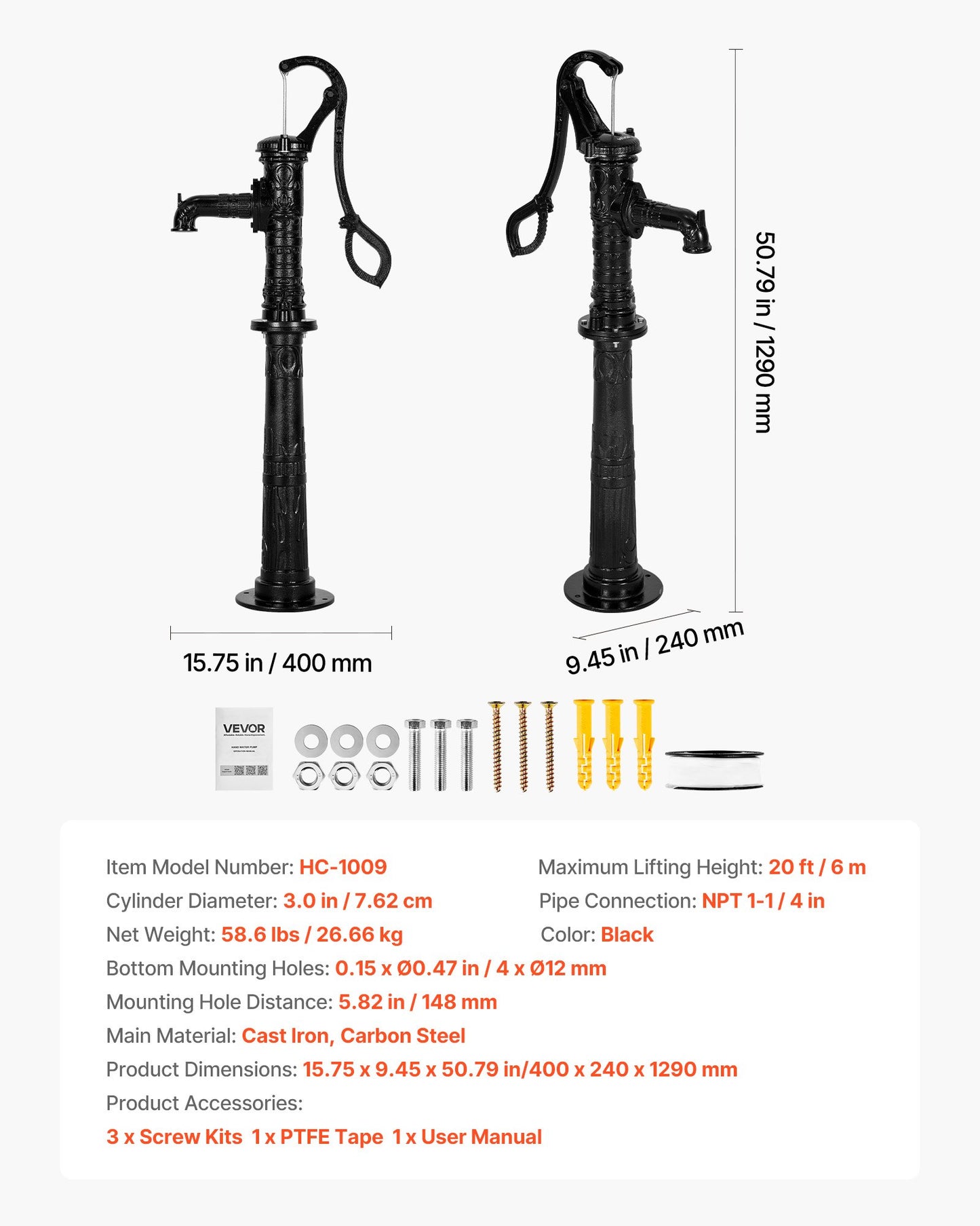 Handpumpe für Brunnen, max. Förderhöhe 6 m, antike gusseiserne Handpumpe mit höhenverstellbarem Sockel, NPT 1-1/4"-Anschluss, einfache Installation, für Garten, Teich, Hof, Bauernhof, Schwarz