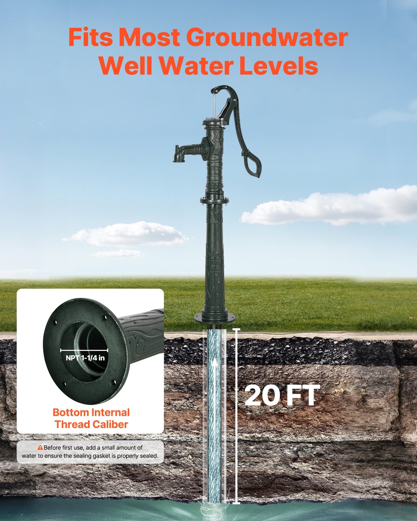 Handpumpe für Brunnen, max. Förderhöhe 6 m, antike gusseiserne Handpumpe mit höhenverstellbarem Sockel, NPT 1-1/4"-Anschluss, einfache Installation, für Garten, Teich, Hof, Bauernhof, Grünflächen