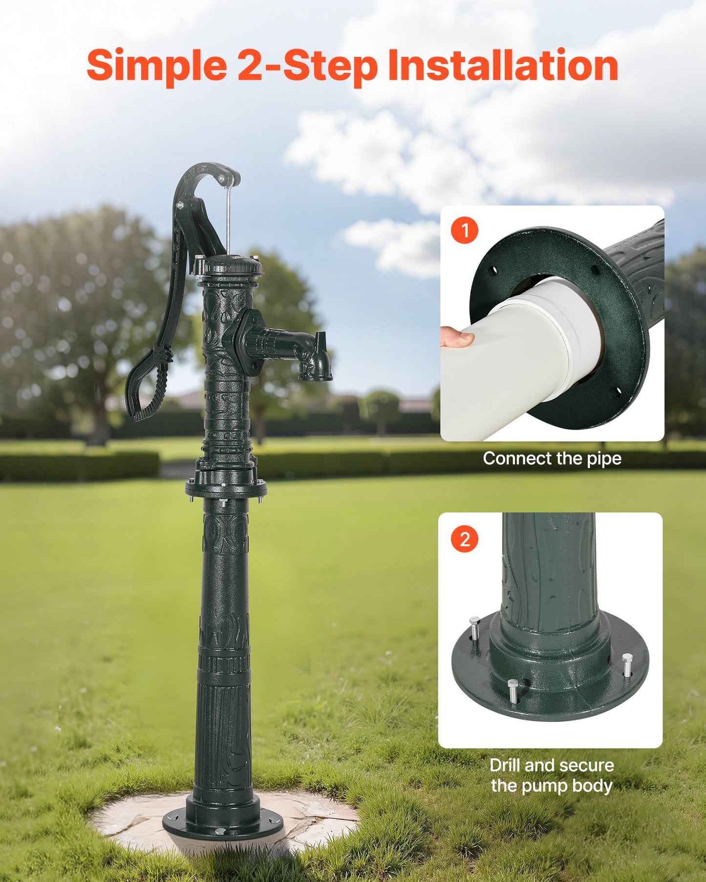 Handpumpe für Brunnen, max. Förderhöhe 6 m, antike gusseiserne Handpumpe mit höhenverstellbarem Sockel, NPT 1-1/4"-Anschluss, einfache Installation, für Garten, Teich, Hof, Bauernhof, Grünflächen