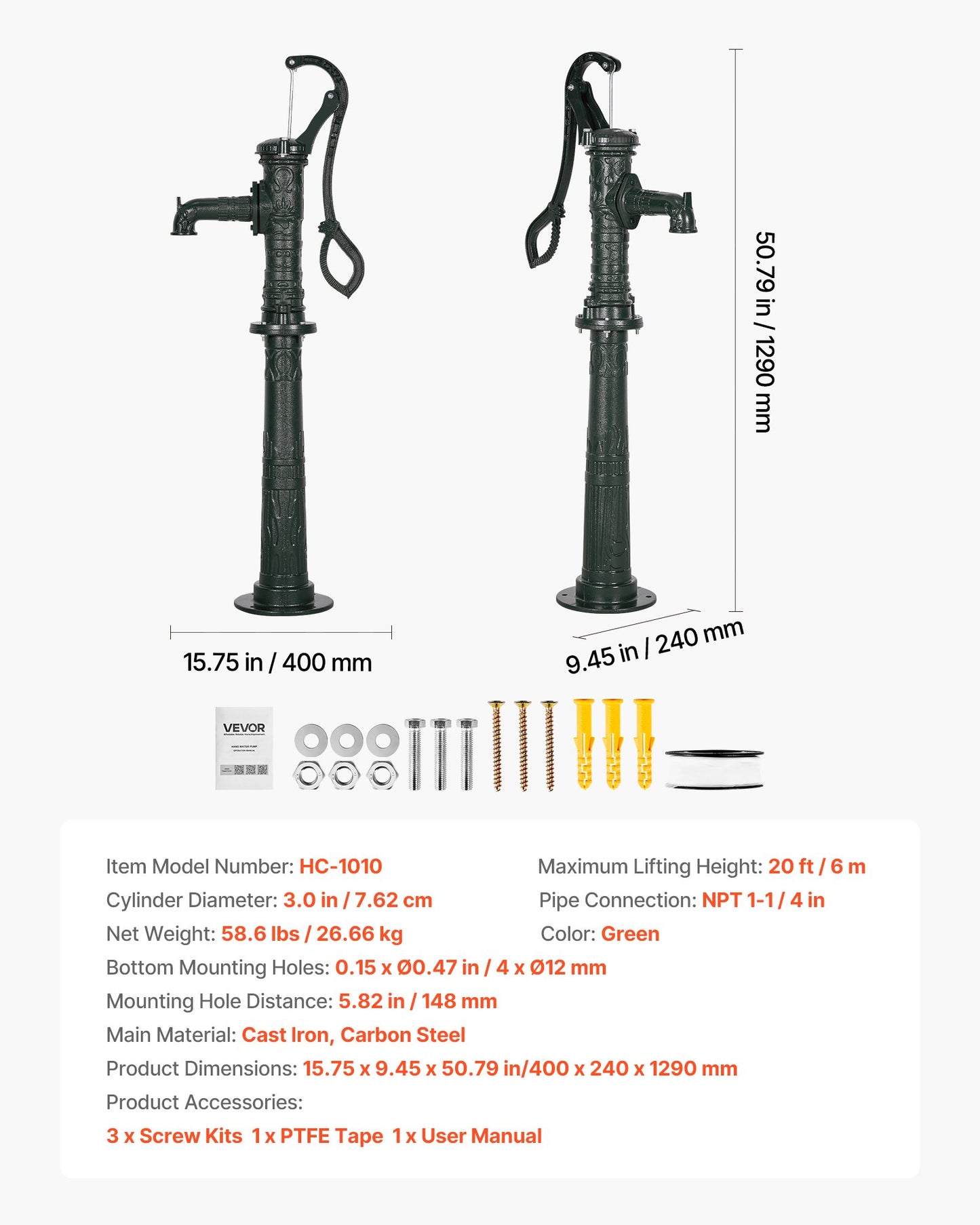 Handpumpe für Brunnen, max. Förderhöhe 6 m, antike gusseiserne Handpumpe mit höhenverstellbarem Sockel, NPT 1-1/4"-Anschluss, einfache Installation, für Garten, Teich, Hof, Bauernhof, Grünflächen