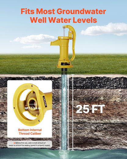 Handpumpe für Brunnen, maximale Förderhöhe 7,6 m, antike gusseiserne Handpumpe, NPT-Anschluss (1-1/4 Zoll), einfache Installation, altmodisch für Garten, Teich, Hinterhof, Bauernhof, gelb