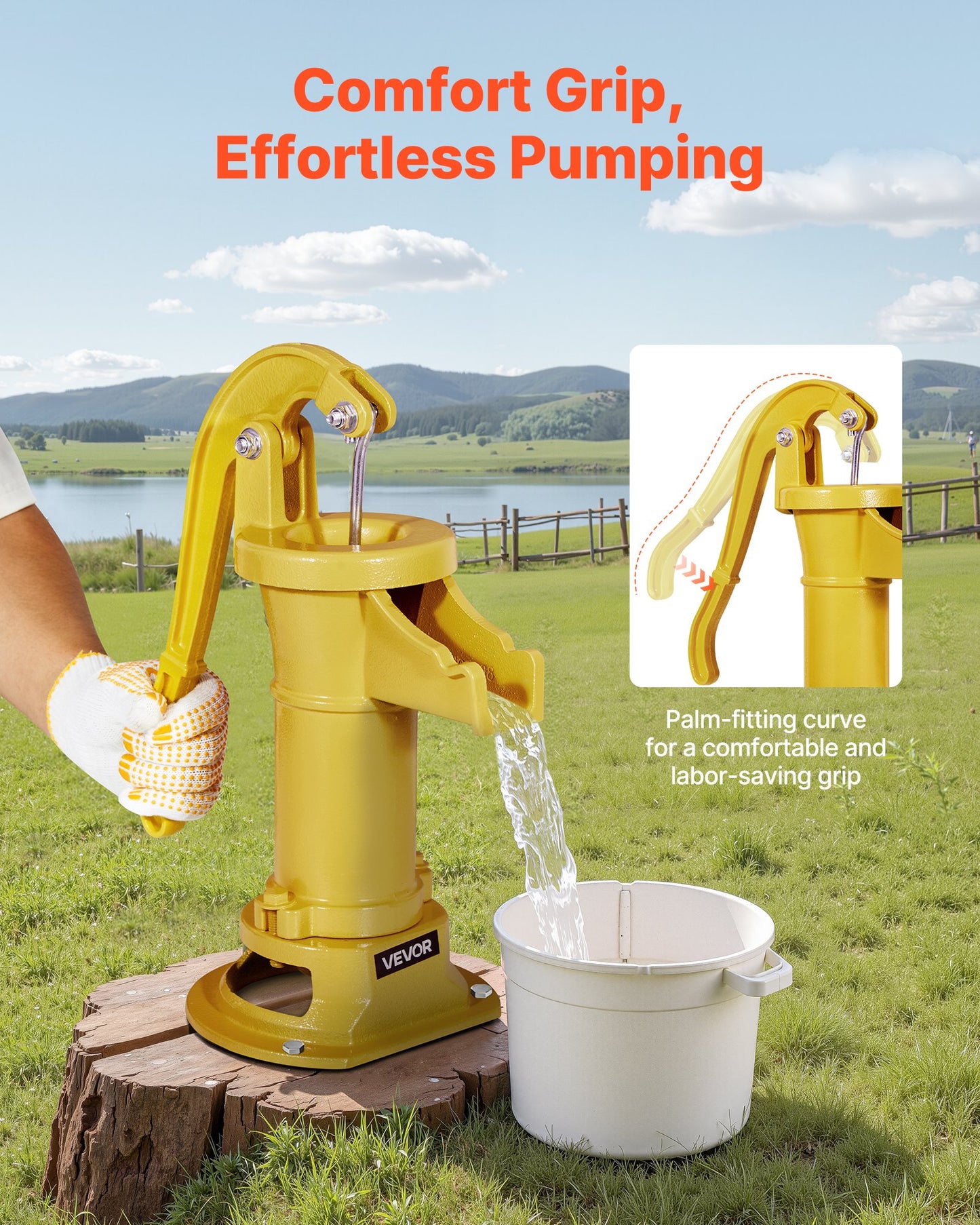 Handpumpe für Brunnen, maximale Förderhöhe 7,6 m, antike gusseiserne Handpumpe, NPT-Anschluss (1-1/4 Zoll), einfache Installation, altmodisch für Garten, Teich, Hinterhof, Bauernhof, gelb