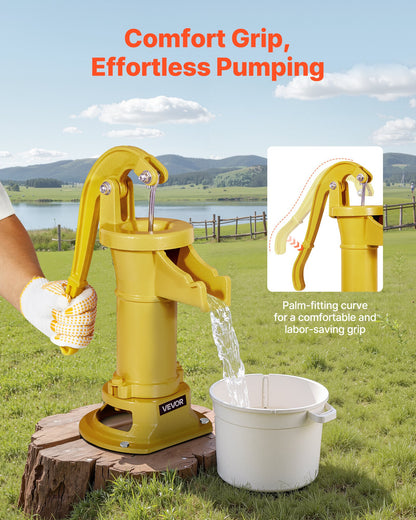 Handpumpe für Brunnen, maximale Förderhöhe 7,6 m, antike gusseiserne Handpumpe, NPT-Anschluss (1-1/4 Zoll), einfache Installation, altmodisch für Garten, Teich, Hinterhof, Bauernhof, gelb