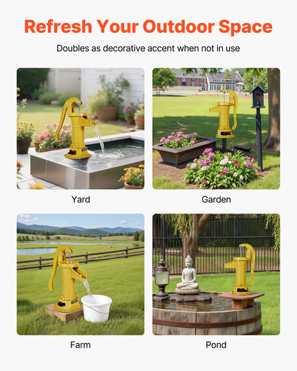 Handpumpe für Brunnen, maximale Förderhöhe 7,6 m, antike gusseiserne Handpumpe, NPT-Anschluss (1-1/4 Zoll), einfache Installation, altmodisch für Garten, Teich, Hinterhof, Bauernhof, gelb