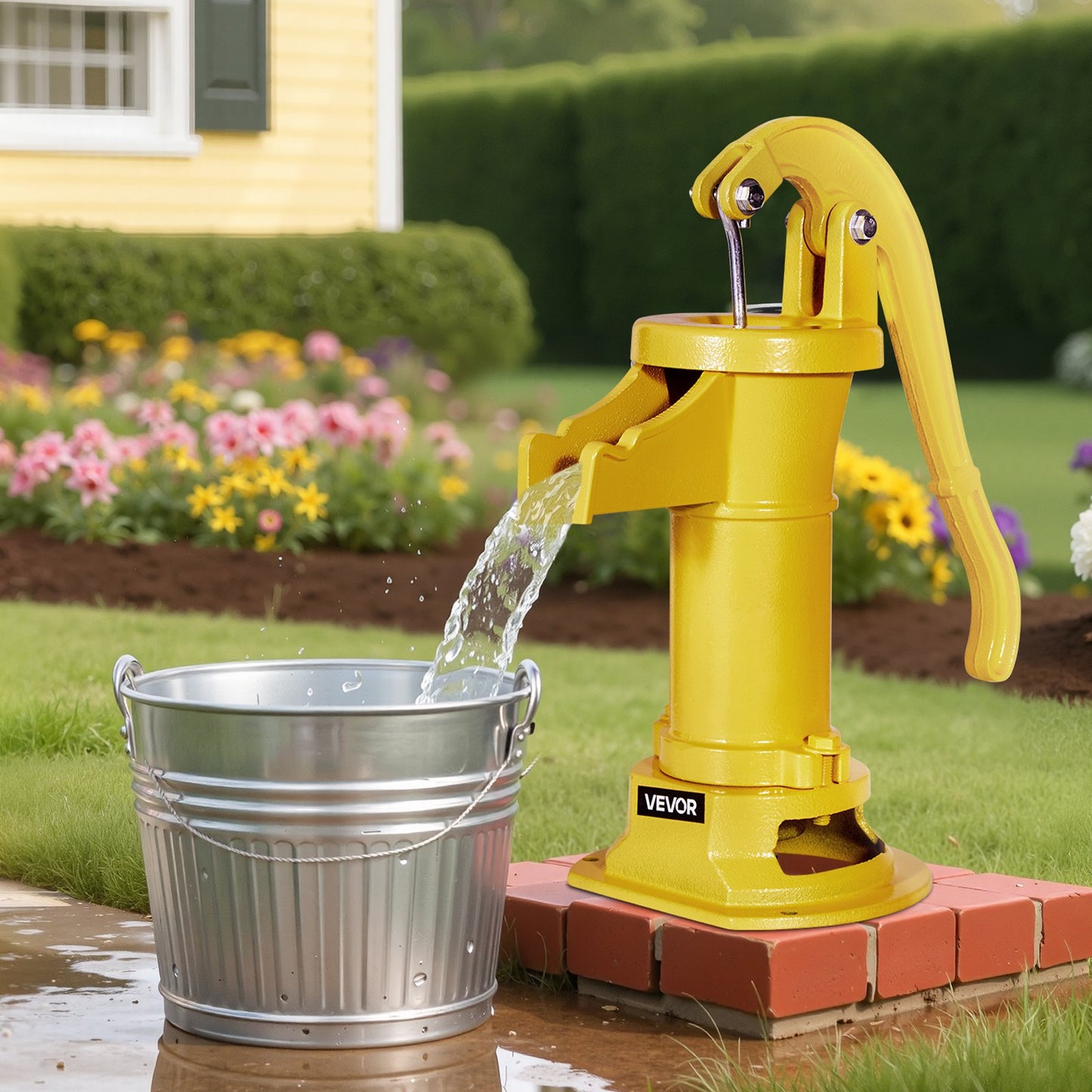 Handpumpe für Brunnen, maximale Förderhöhe 7,6 m, antike gusseiserne Handpumpe, NPT-Anschluss (1-1/4 Zoll), einfache Installation, altmodisch für Garten, Teich, Hinterhof, Bauernhof, gelb