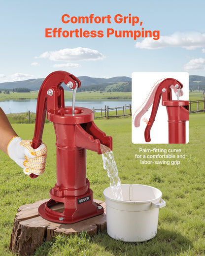 Handpumpe für Brunnen, maximale Förderhöhe 7,6 m, antike gusseiserne Handpumpe, NPT 1-1/4-Zoll-Anschluss, einfache Installation, altmodisch für Garten, Teich, Hinterhof, Bauernhof, rot