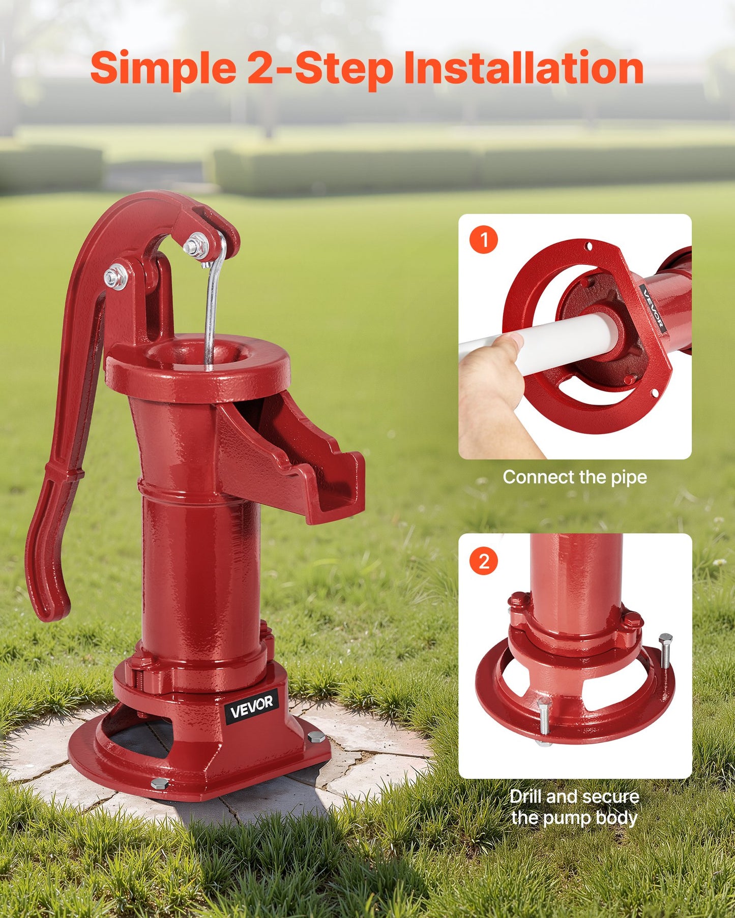 Handpumpe für Brunnen, maximale Förderhöhe 7,6 m, antike gusseiserne Handpumpe, NPT 1-1/4-Zoll-Anschluss, einfache Installation, altmodisch für Garten, Teich, Hinterhof, Bauernhof, rot