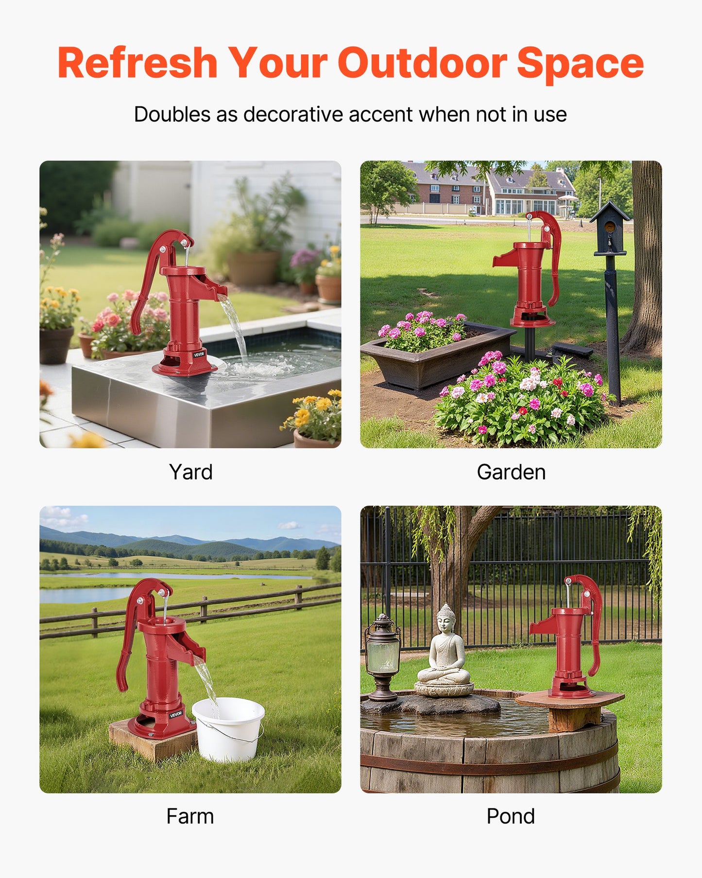 Handpumpe für Brunnen, maximale Förderhöhe 7,6 m, antike gusseiserne Handpumpe, NPT 1-1/4-Zoll-Anschluss, einfache Installation, altmodisch für Garten, Teich, Hinterhof, Bauernhof, rot