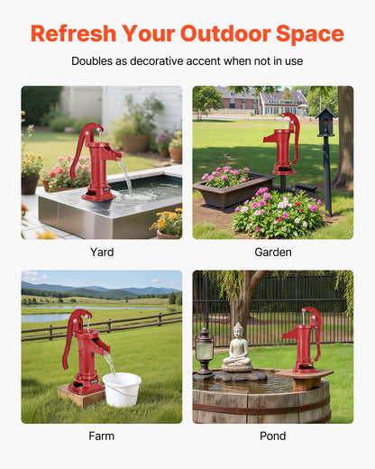 Handpumpe für Brunnen, maximale Förderhöhe 7,6 m, antike gusseiserne Handpumpe, NPT 1-1/4-Zoll-Anschluss, einfache Installation, altmodisch für Garten, Teich, Hinterhof, Bauernhof, rot