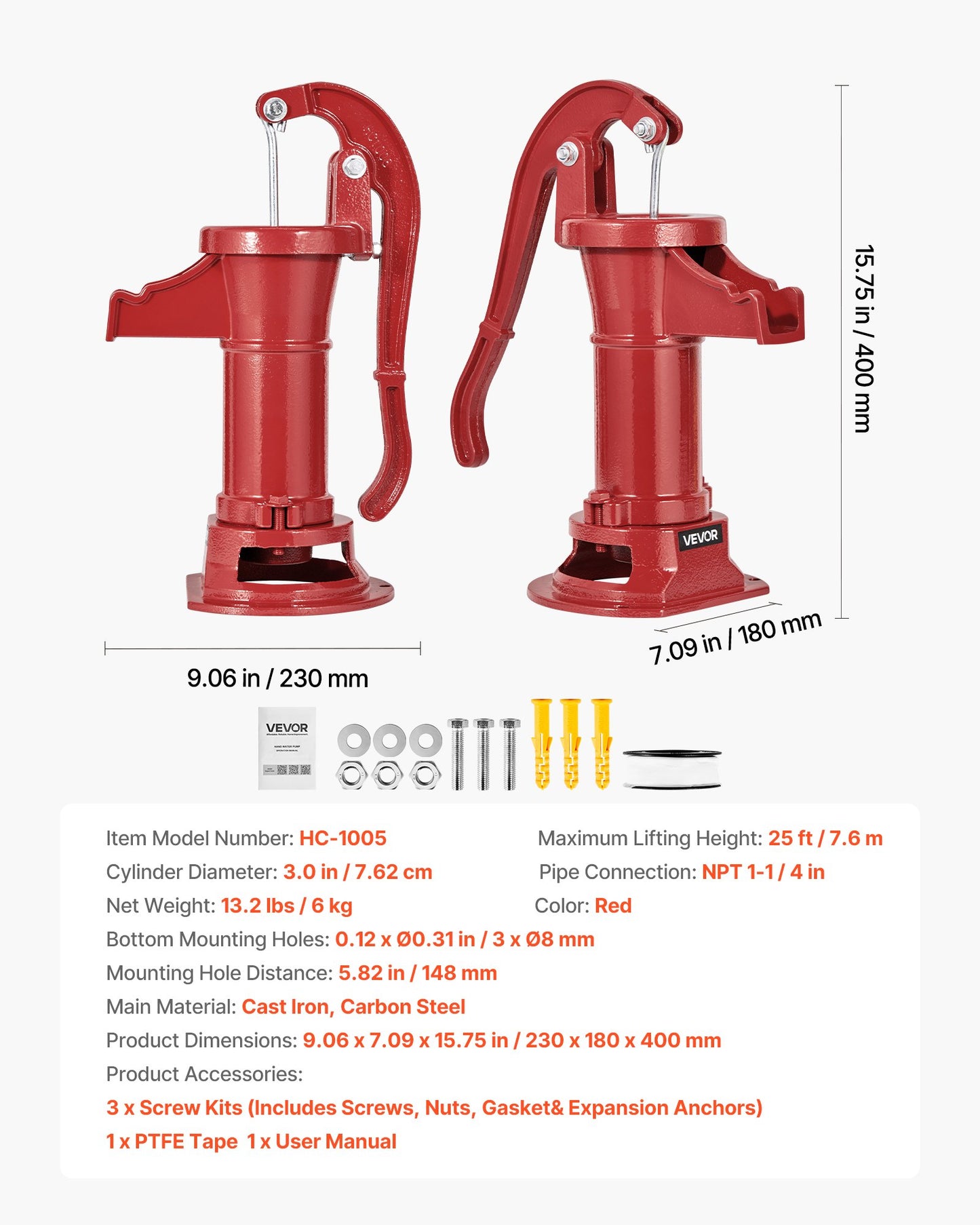 Handpumpe für Brunnen, maximale Förderhöhe 7,6 m, antike gusseiserne Handpumpe, NPT 1-1/4-Zoll-Anschluss, einfache Installation, altmodisch für Garten, Teich, Hinterhof, Bauernhof, rot