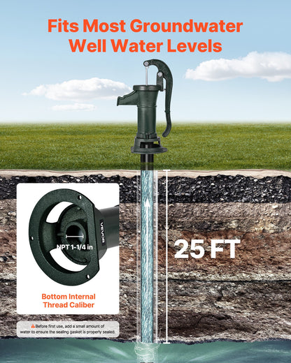 Handpumpe für Brunnen, maximale Förderhöhe 7,6 m, antike gusseiserne Handpumpe, NPT 1-1/4-Zoll-Anschluss, einfache Installation, traditionell für Garten, Teich, Hinterhof, Bauernhof und mehr