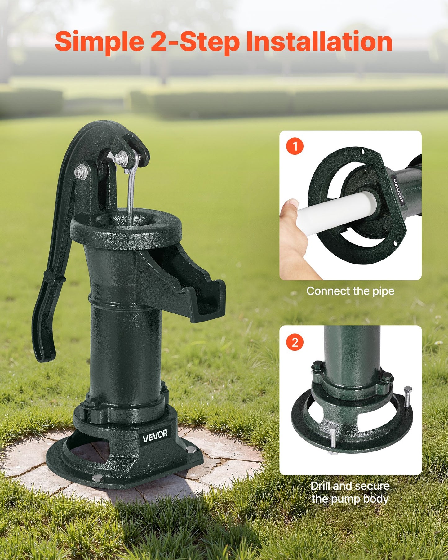 Handpumpe für Brunnen, maximale Förderhöhe 7,6 m, antike gusseiserne Handpumpe, NPT 1-1/4-Zoll-Anschluss, einfache Installation, traditionell für Garten, Teich, Hinterhof, Bauernhof und mehr