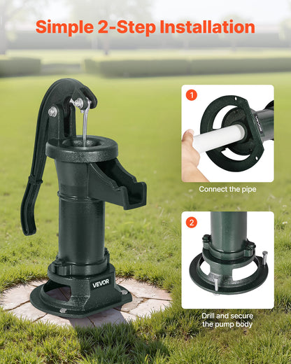 Handpumpe für Brunnen, maximale Förderhöhe 7,6 m, antike gusseiserne Handpumpe, NPT 1-1/4-Zoll-Anschluss, einfache Installation, traditionell für Garten, Teich, Hinterhof, Bauernhof und mehr