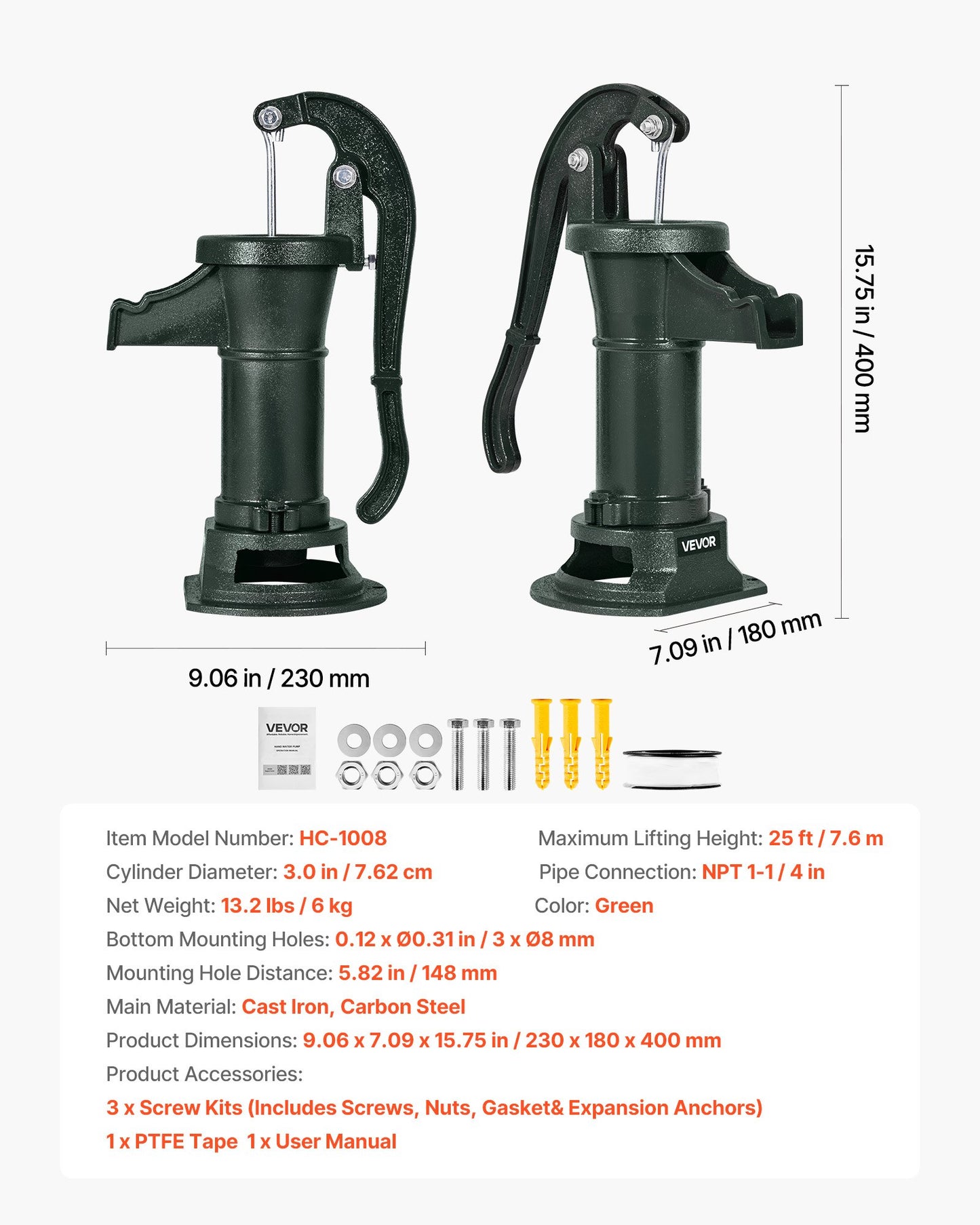 Handpumpe für Brunnen, maximale Förderhöhe 7,6 m, antike gusseiserne Handpumpe, NPT 1-1/4-Zoll-Anschluss, einfache Installation, traditionell für Garten, Teich, Hinterhof, Bauernhof und mehr