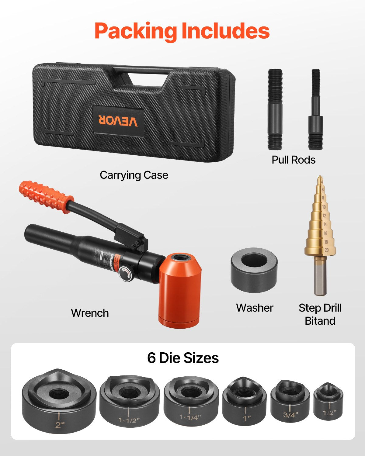 Knockout Punch Set, 98.07 kN Hydraulic Knockout Set, 12.7 to 50.8mm KO Tool Kit Hole Making Tool, KO Tools Kit W/6 Dies for Metal Electrical Cabinets, Electrical Control Cabinets, Switch Cabinet