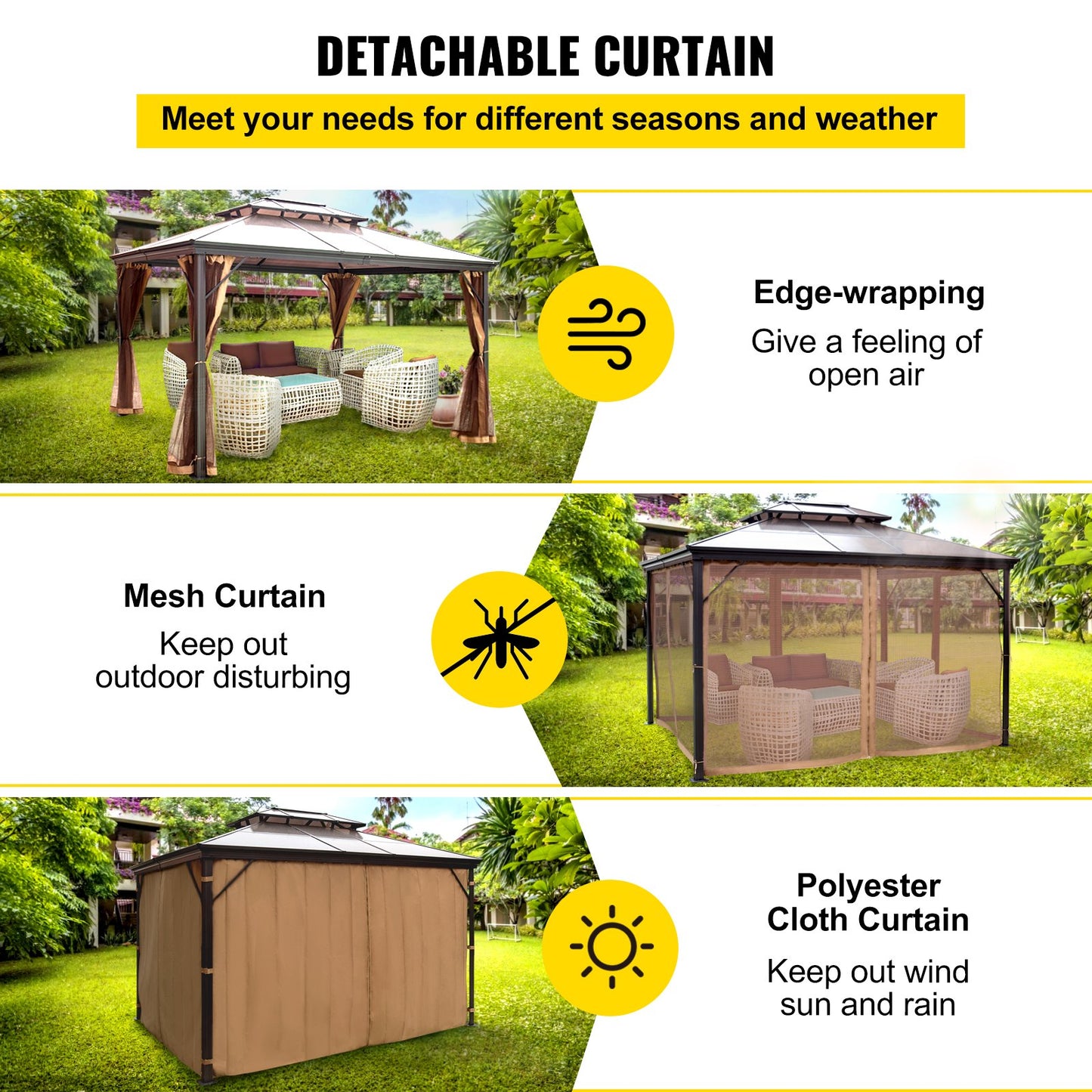 Gartenpavillon 3 x 3,6 m (10 x 12 Fuß) mit festem Dach und Moskitonetz, Gartenpavillon, Terrassenzelt, Gartenwind-Ersatzdach, zweistufiges Dach, Gartenpavillons für Terrasse, Garten, Haus, Rasen, Braun