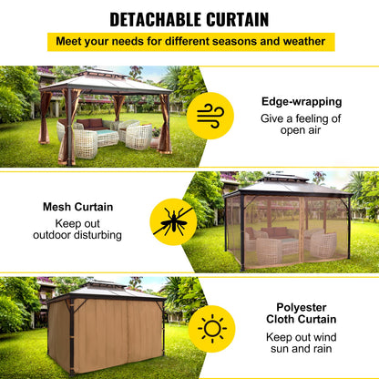 Gartenpavillon 3 x 3,6 m (10 x 12 Fuß) mit festem Dach und Moskitonetz, Gartenpavillon, Terrassenzelt, Gartenwind-Ersatzdach, zweistufiges Dach, Gartenpavillons für Terrasse, Garten, Haus, Rasen, Braun