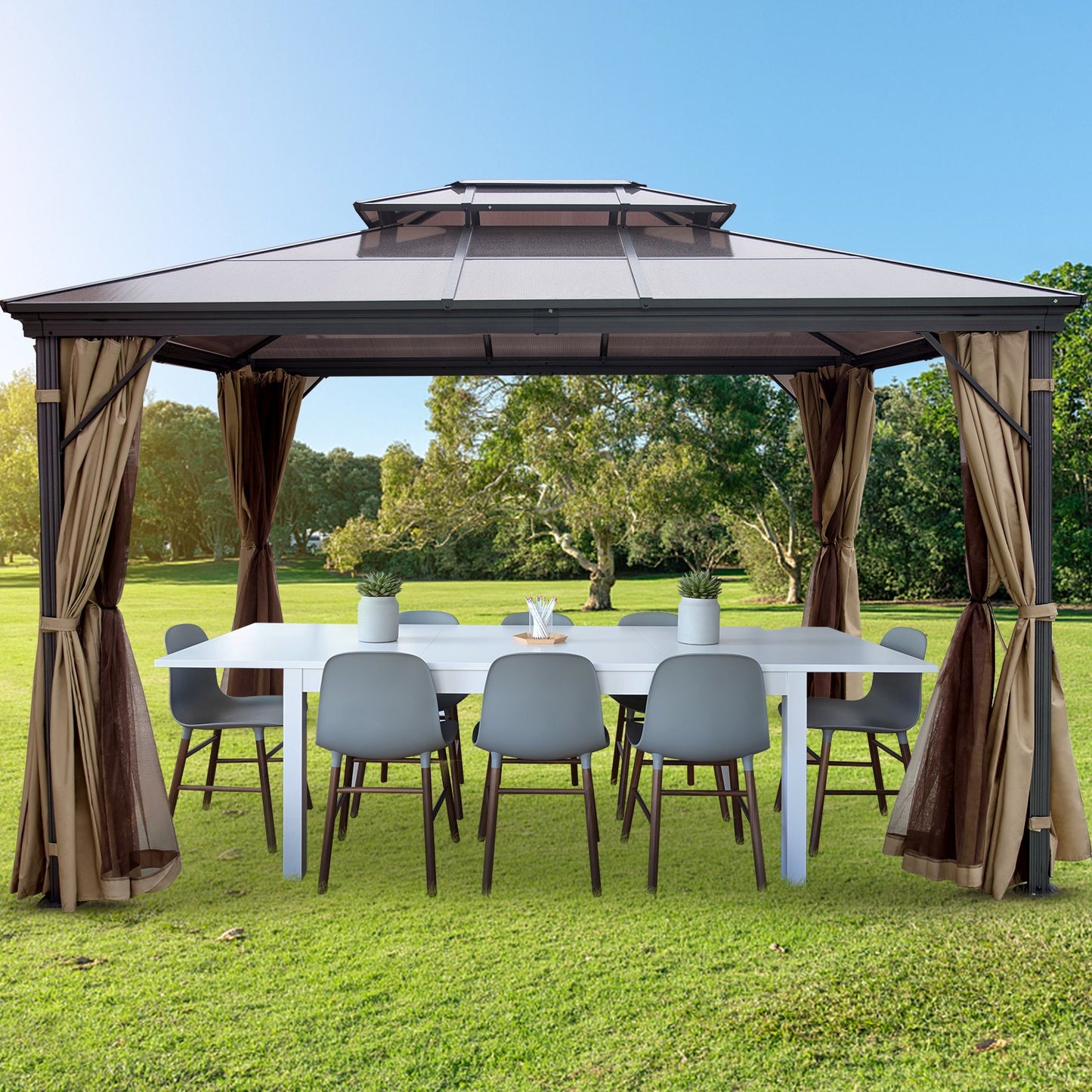 Patio Gazebo 10x10ft Hardtop Gazebo Gazebo with Mosquito Netting Outdoor Gazebo Patio Tent Garden Winds Replacement Canopy Double Tier Roof Canopy Gazebos For Patios Garden Home Lawn Brown