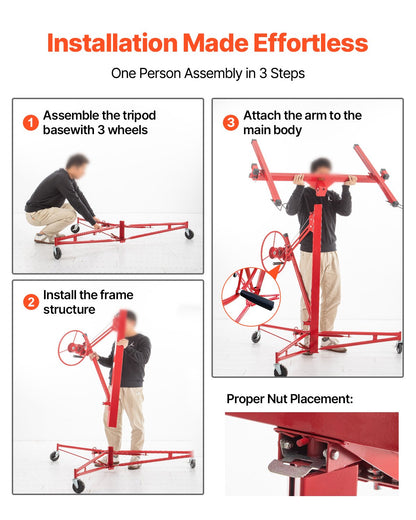 Drywall Rolling Lifter Panel, 16ft Sheetrock Lift Drywall Lift, 150lb Weight Capacity Panel Hoist Jack Tool, Steel Material with Telescopic Arm & 3 Lockable Wheels, 48x192 in Plasterboard Size