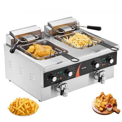 Gewerbliche Fritteuse, Doppeltank-Tischfritteuse mit 3500 W Leistung, 2 x 9 Qt / 8,5 l Doppelöl-Fritteusen mit 2 Frittierkörben, 1 mm dickes Edelstahlgehäuse, Zeit- und Temperaturregelung, für den Einsatz in der Gastronomie