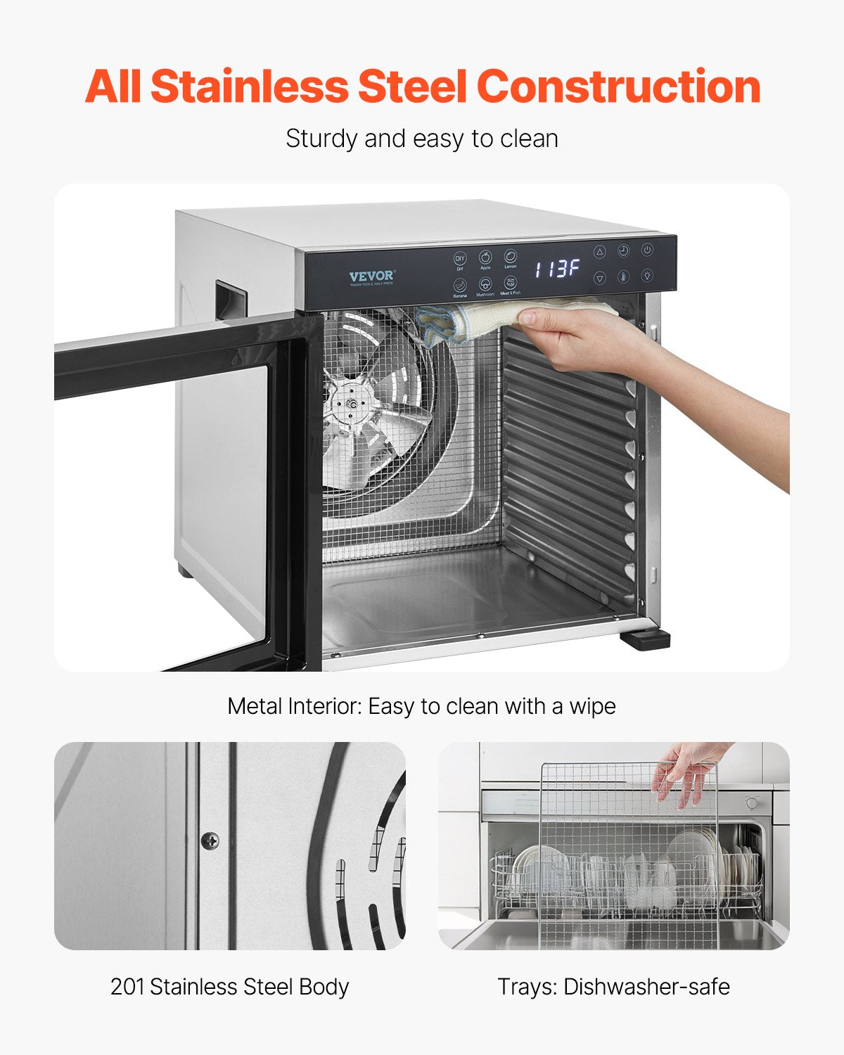 Dörrgerät, 10 Edelstahl-Einschübe, 1000 W elektrischer Lebensmitteltrockner mit einstellbarer Temperatur und 24-Stunden-Timer, Gefriertrockner für Trockenfleisch, Fleisch, Obst, Gemüse, Kräuter, Hundeleckerlis