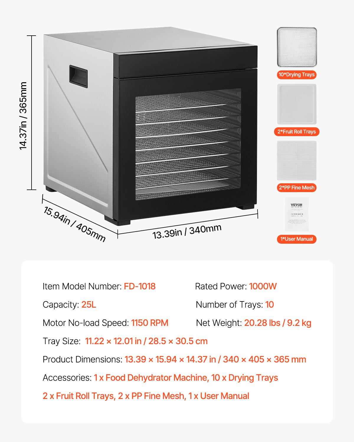 Dörrgerät, 10 Edelstahl-Einschübe, 1000 W elektrischer Lebensmitteltrockner mit einstellbarer Temperatur und 24-Stunden-Timer, Gefriertrockner für Trockenfleisch, Fleisch, Obst, Gemüse, Kräuter, Hundeleckerlis