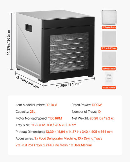 Dörrgerät, 10 Edelstahl-Einschübe, 1000 W elektrischer Lebensmitteltrockner mit einstellbarer Temperatur und 24-Stunden-Timer, Gefriertrockner für Trockenfleisch, Fleisch, Obst, Gemüse, Kräuter, Hundeleckerlis