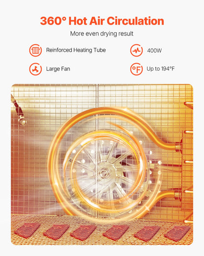 Dörrgerät, 6 Edelstahl-Einschübe, 400-W-Elektro-Lebensmitteltrockner mit einstellbarer Temperatur und 24-Stunden-Timer, Gefriertrockner für Trockenfleisch, Fleisch, Obst, Gemüse, Kräuter, Hundeleckerlis