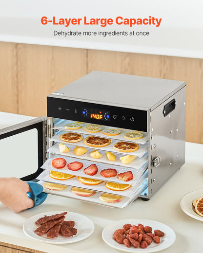 Dörrgerät, 6 Edelstahl-Einschübe, 400-W-Elektro-Lebensmitteltrockner mit einstellbarer Temperatur und 24-Stunden-Timer, Gefriertrockner für Trockenfleisch, Fleisch, Obst, Gemüse, Kräuter, Hundeleckerlis