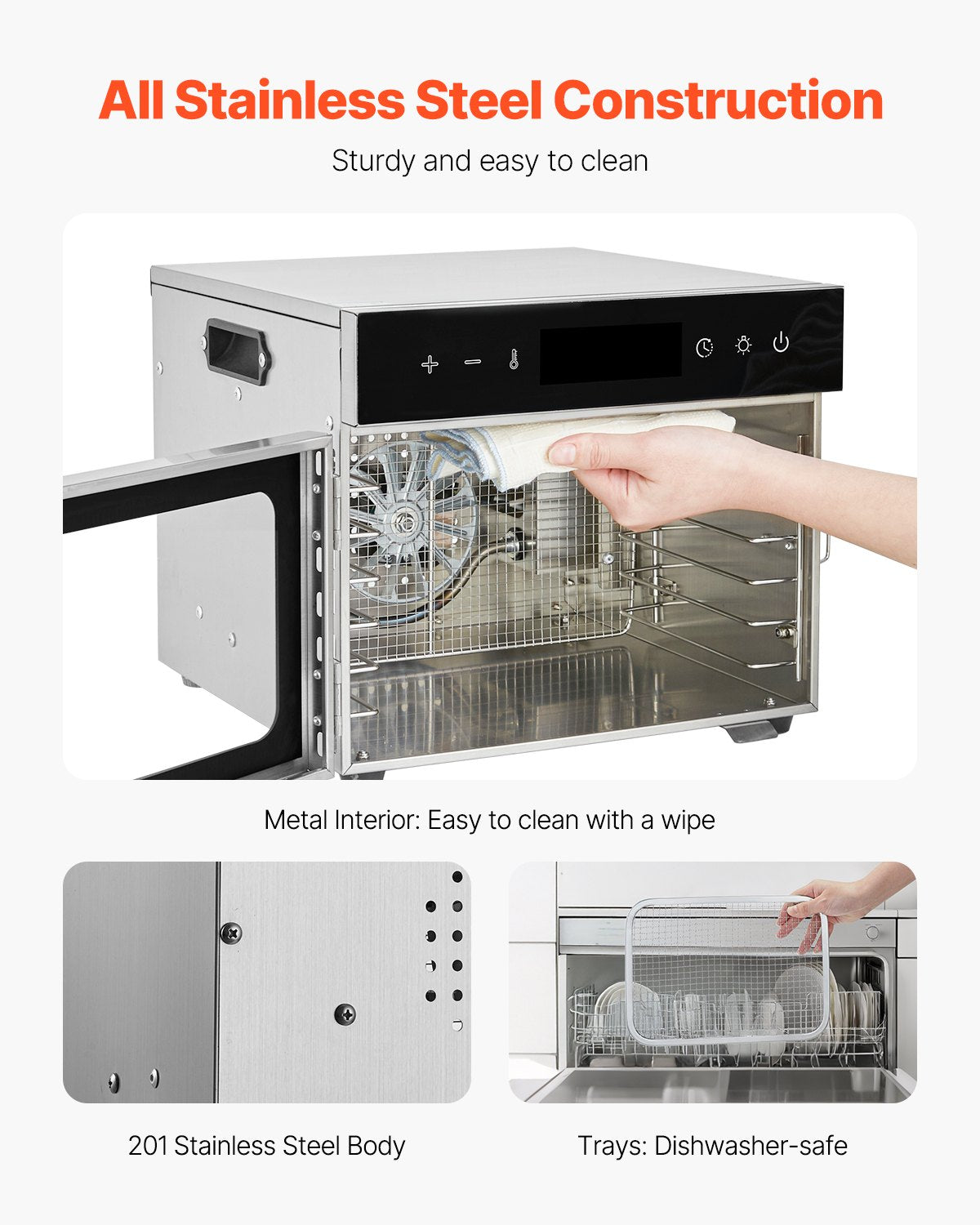 Dörrgerät, 6 Edelstahl-Einschübe, 400-W-Elektro-Lebensmitteltrockner mit einstellbarer Temperatur und 24-Stunden-Timer, Gefriertrockner für Trockenfleisch, Fleisch, Obst, Gemüse, Kräuter, Hundeleckerlis