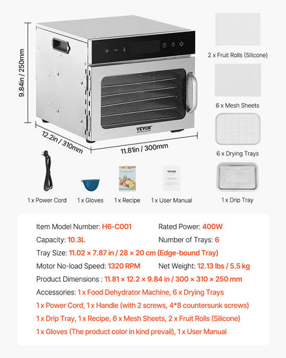 Dörrgerät, 6 Edelstahl-Einschübe, 400-W-Elektro-Lebensmitteltrockner mit einstellbarer Temperatur und 24-Stunden-Timer, Gefriertrockner für Trockenfleisch, Fleisch, Obst, Gemüse, Kräuter, Hundeleckerlis