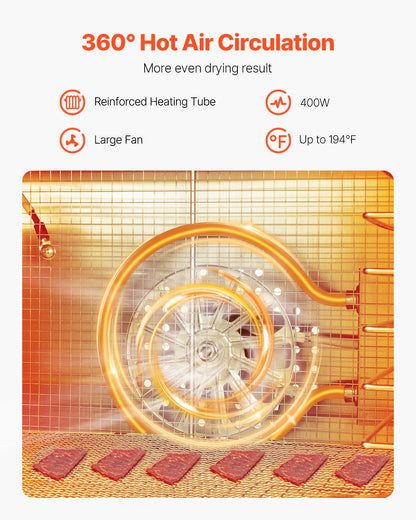 Dörrgerät, 8 Edelstahl-Einschübe, 400-W-Elektro-Lebensmitteltrockner mit einstellbarer Temperatur und 24-Stunden-Timer, Gefriertrockner für Trockenfleisch, Fleisch, Obst, Gemüse, Kräuter, Hundeleckerlis