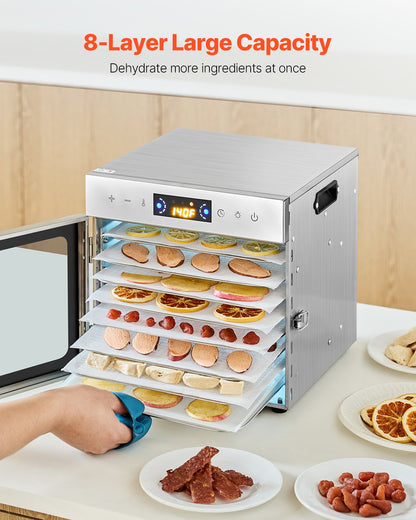 Dörrgerät, 8 Edelstahl-Einschübe, 400-W-Elektro-Lebensmitteltrockner mit einstellbarer Temperatur und 24-Stunden-Timer, Gefriertrockner für Trockenfleisch, Fleisch, Obst, Gemüse, Kräuter, Hundeleckerlis