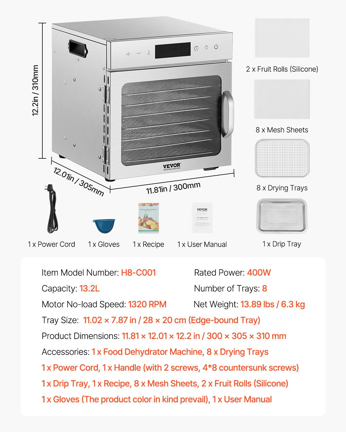 Dörrgerät, 8 Edelstahl-Einschübe, 400-W-Elektro-Lebensmitteltrockner mit einstellbarer Temperatur und 24-Stunden-Timer, Gefriertrockner für Trockenfleisch, Fleisch, Obst, Gemüse, Kräuter, Hundeleckerlis