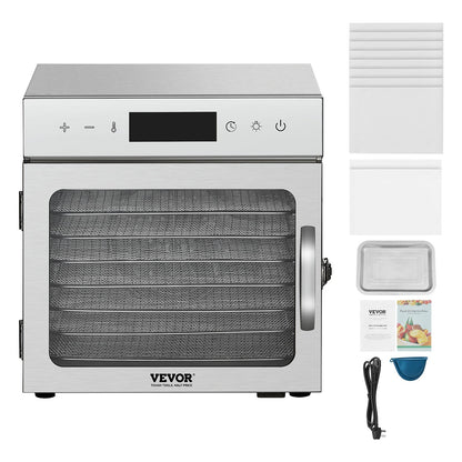 Dörrgerät, 8 Edelstahl-Einschübe, 400-W-Elektro-Lebensmitteltrockner mit einstellbarer Temperatur und 24-Stunden-Timer, Gefriertrockner für Trockenfleisch, Fleisch, Obst, Gemüse, Kräuter, Hundeleckerlis