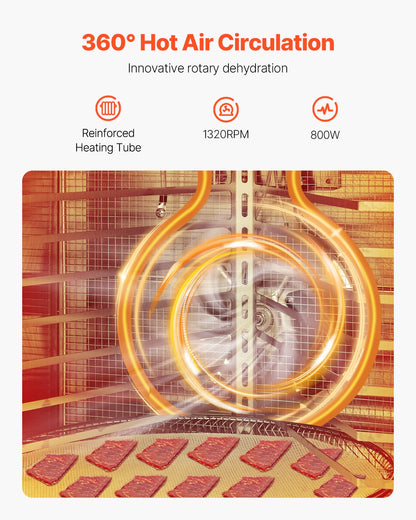 Rotierender Dörrautomat, 12 Edelstahl-Einschübe, 800-W-Elektro-Lebensmitteltrockner mit einstellbarer Temperatur und 24-Stunden-Timer, Gefriertrockner für Trockenfleisch, Fleisch, Obst, Gemüse, Kräuter, Hundeleckerlis