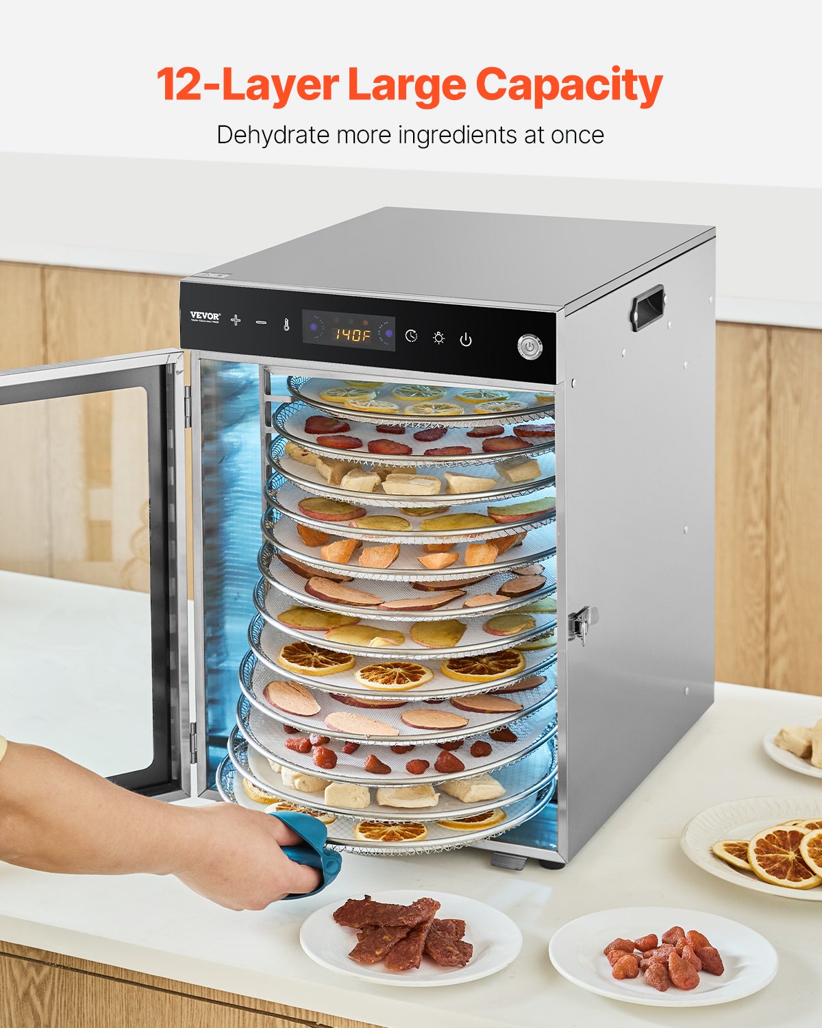 Rotierender Dörrautomat, 12 Edelstahl-Einschübe, 800-W-Elektro-Lebensmitteltrockner mit einstellbarer Temperatur und 24-Stunden-Timer, Gefriertrockner für Trockenfleisch, Fleisch, Obst, Gemüse, Kräuter, Hundeleckerlis