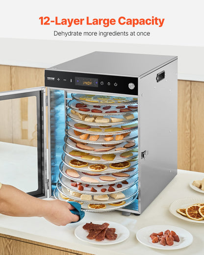 Rotierender Dörrautomat, 12 Edelstahl-Einschübe, 800-W-Elektro-Lebensmitteltrockner mit einstellbarer Temperatur und 24-Stunden-Timer, Gefriertrockner für Trockenfleisch, Fleisch, Obst, Gemüse, Kräuter, Hundeleckerlis