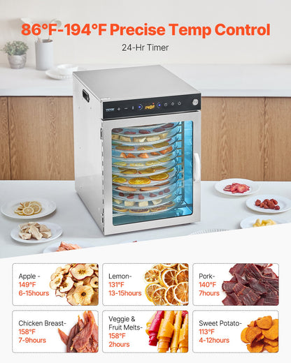 Rotierender Dörrautomat, 12 Edelstahl-Einschübe, 800-W-Elektro-Lebensmitteltrockner mit einstellbarer Temperatur und 24-Stunden-Timer, Gefriertrockner für Trockenfleisch, Fleisch, Obst, Gemüse, Kräuter, Hundeleckerlis