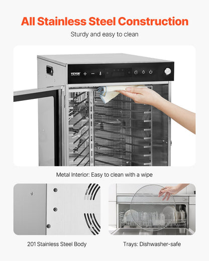 Rotierender Dörrautomat, 12 Edelstahl-Einschübe, 800-W-Elektro-Lebensmitteltrockner mit einstellbarer Temperatur und 24-Stunden-Timer, Gefriertrockner für Trockenfleisch, Fleisch, Obst, Gemüse, Kräuter, Hundeleckerlis